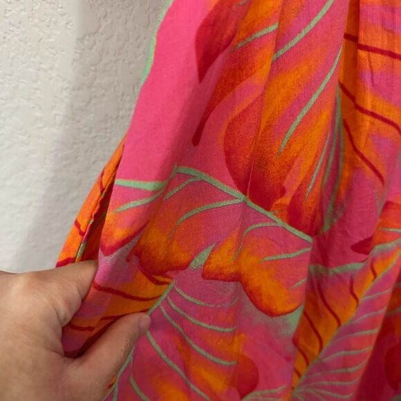 ANTHROPOLOGIE FARM RIO Bright Forest Midi Dress Pink Orange Puff Sleeve - Picture 7 of 16